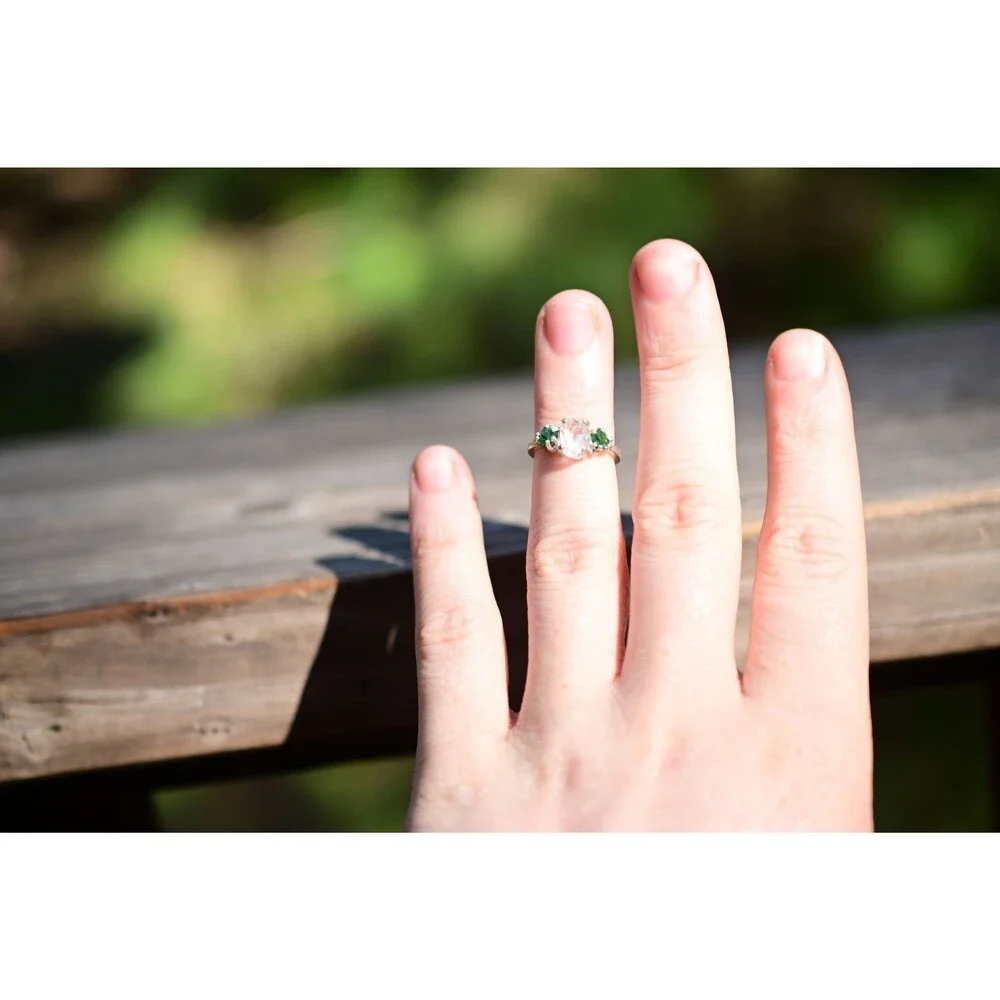 Engagement ring Raw Diamond Emerald  Rough Uncut Anniversary Silver Rustic daint